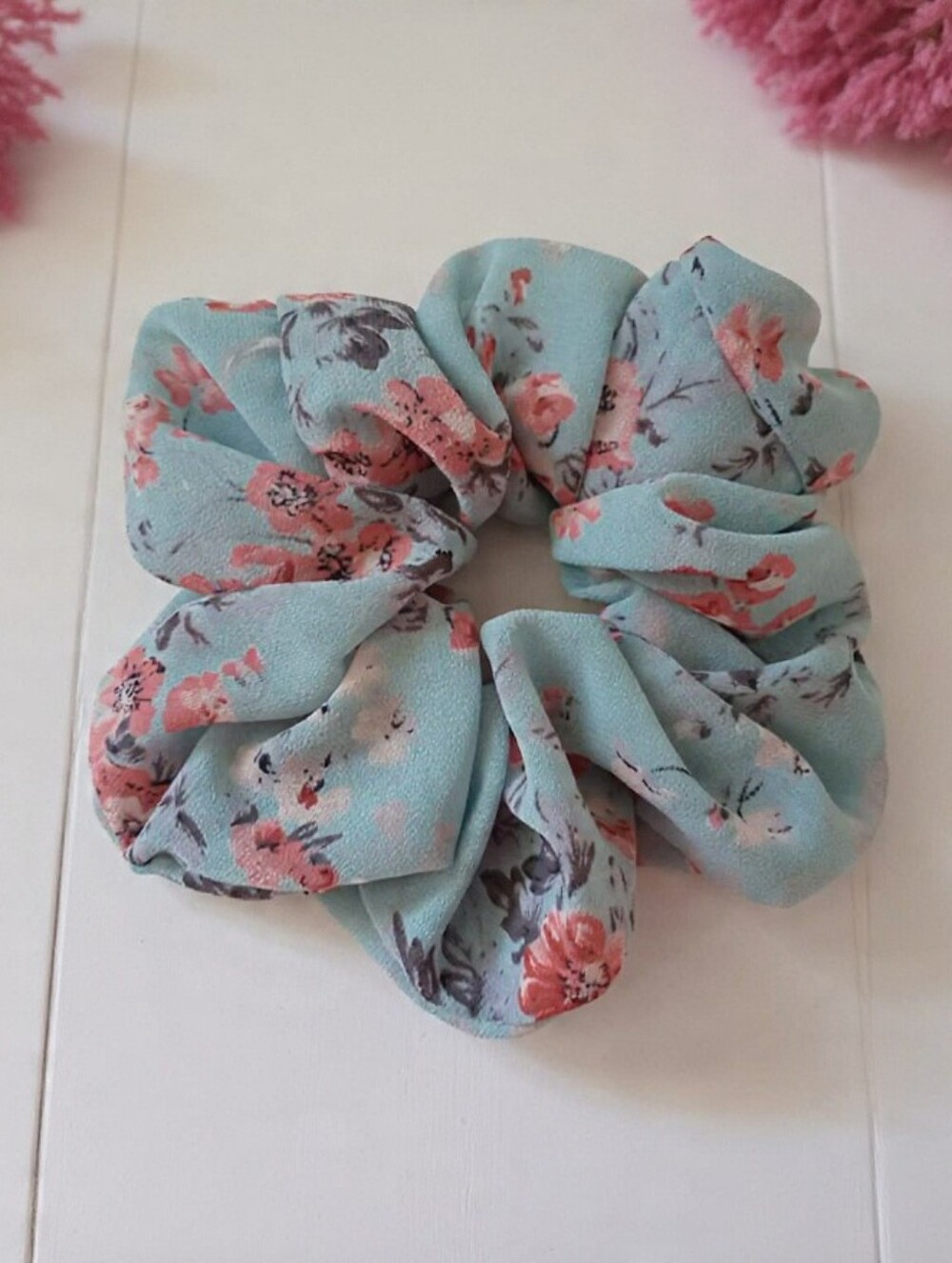 Handmade Aqua Blue Floral Scrunchie | Cottagecore Hair Accessory